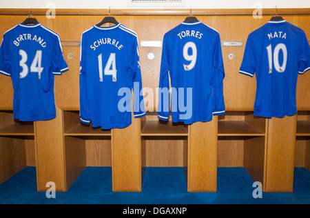 Players’ shirts in home team changing room, Chelsea Football Club, Stamford Bridge, Chelsea, London, England Stock Photo