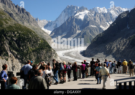 Crowds of tourists at Montenvers overlooking the Mer de Glace, Chamonix, France Stock Photo