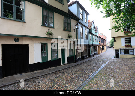 Tudor period Architecture and shops, narrow cobbled street, Elm Hill, the Lanes, Norwich City, Norfolk County, England, UK Stock Photo