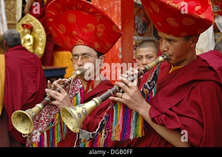Ladakhi man playing traditional music instrument Surma trumpet Ladakh ...