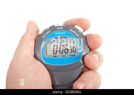hand holding blue stop watch isolated on white background Stock Photo