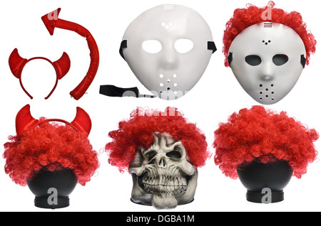 Pack of Various Halloween Costumes. Devil Girl, Jason Hockey Mask, Red Clown Wig and Ghost Mask on Isolated White Background Stock Photo
