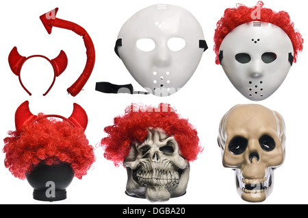 Pack of Various Halloween Costumes. Devil Girl, Jason Hockey Mask, Red Clown Wig, Ghost Mask and Skull on Isolated White Backgro Stock Photo