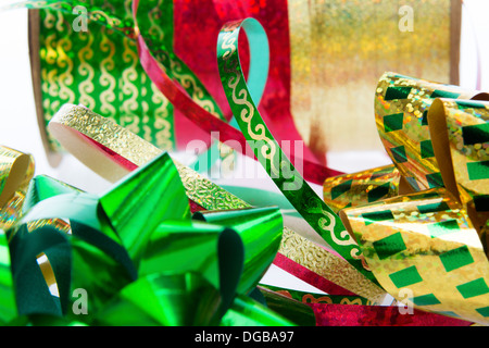 Green, gold and red ribbons and bows Stock Photo