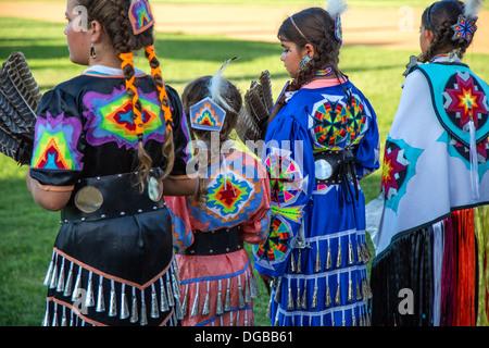 Young girls dressed in American Indian tribal clothing Stock Photo