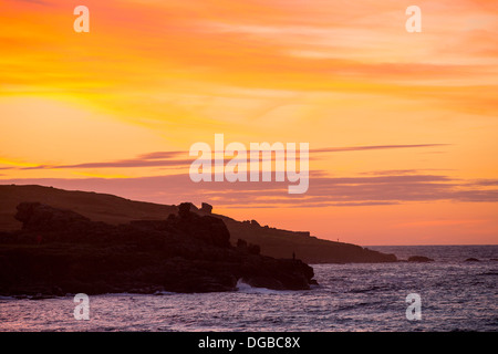 Sunset from Porthmeor beach in St Ives, Cornwall, UK. Stock Photo