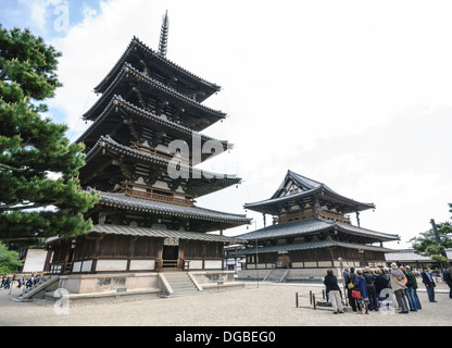 5 storey pagoda and kondo (main hall) of Horyu-ji (Horyuji) Buddhist temple, Nara, Japan Stock Photo