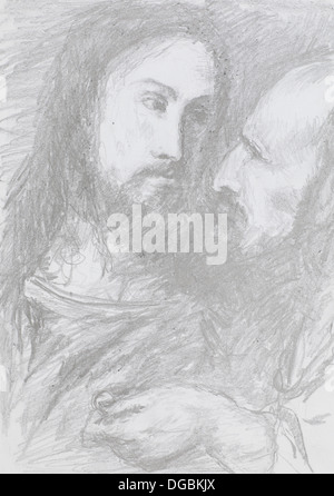 hand drawn illustration of Jesus Christ and Judas Stock Photo