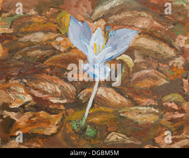 oil painting illustrating a violet flower surounded by autumn colorful leaves Stock Photo