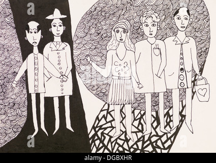 hand drawn ink illustration of group of people on psychedelic background, outline Stock Photo