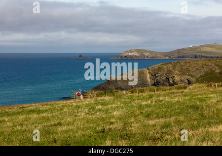 View From The South West Coast Path Looking towards Trevose Head With Wooden Gate and Coastal Detail, Cornwall, UK. Stock Photo
