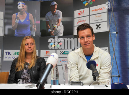 Prostejov, Czech Republic. 18th Oct, 2013. Czech tennis player Petra Kvitova (left) and Tomas Berdych (right) are seen during a press conference prior to the participation of Petra Kvitova at WTA Tour Championships in Istanbul. Petra Kvitova and Tomas Berdych are seen in Prostejov, Czech Republic, October 18, 2013. © Ludek Perina/CTK Photo/Alamy Live News Stock Photo