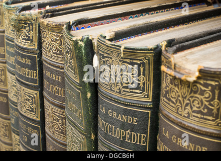 Old books on shelf. French encyclopedia. Close up shot Stock Photo