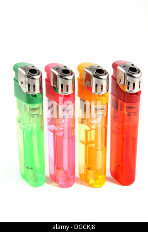 Row of colorful gas lighters studio isolated Stock Photo