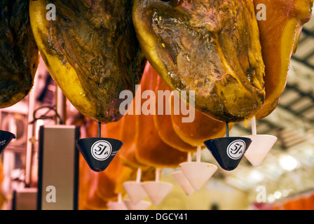The Central Market located at the Plaza del Mercado,ham stall at Central Market Stock Photo