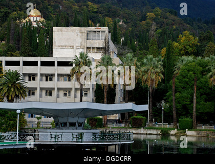 Novy Afon monastery in the background of Black Sea seaside development, Abkhazia, break away state of Georgia Stock Photo