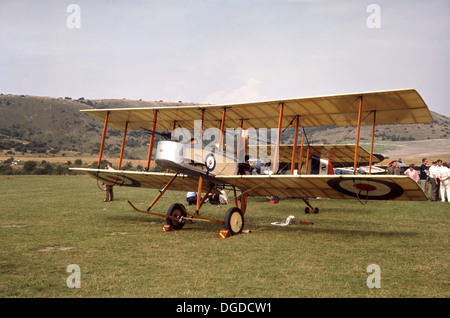 1970s, picture of a restored WW1 RAF fixed-wing biplane stationary outside on a grass field, England, Uk, showing the RAF roundel on the wing and body. In the early years of aviation, most aircraft used the biplane two wing arrangement, the most famous being the 'Wright Flyer', the first aeroplane to fly. Stock Photo