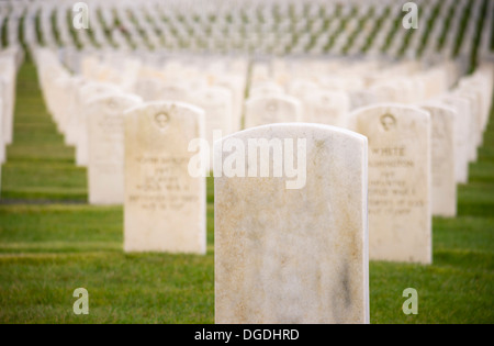A blank marble headstone stands in front of many like items Stock Photo