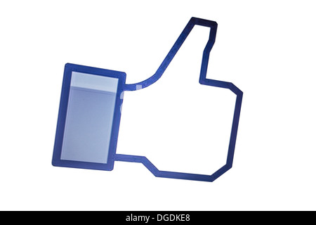 Ostersund, Sweden - Oct 13, 2013: A tilted thumbs up, representing the like button, isolated against a white background. Stock Photo