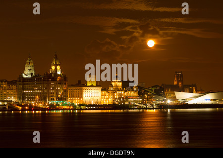 Moon rising over Liverpool skyline Stock Photo