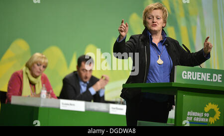 Berlin, Germany. 18th Oct, 2013. Member of the parliamentary group of the Green Party at the Bundestag, Renate Kuenast (FRONT), speaks at the party conference of Alliance 90/The Greens in the Velodrom in Berlin, Germany, 18 October 2013. Around 800 delegates gathered to discuss their weak results in the German general election in September and to elect their new party leadership. Photo: Bernd Von Jutrczenka/dpa/Alamy Live News Stock Photo