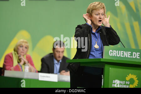 Berlin, Germany. 18th Oct, 2013. Member of the parliamentary group of the Green Party at the Bundestag, Renate Kuenast (FRONT), speaks at the party conference of Alliance 90/The Greens in the Velodrom in Berlin, Germany, 18 October 2013. Around 800 delegates gathered to discuss their weak results in the German general election in September and to elect their new party leadership. Photo: Bernd Von Jutrczenka/dpa/Alamy Live News Stock Photo