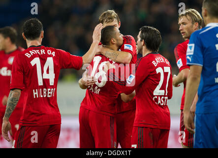 Sinsheim, Germany. 18th Oct, 2013. Hoffenheim's Kai Herdling (R) and  Leverkusen's Sebastian Boenisch debate after the Bundesliga soccer match  between 1899 Hoffenheim and Bayer Leverkusen at Rhein-Neckar-Arena in  Sinsheim, Germany, 18 October