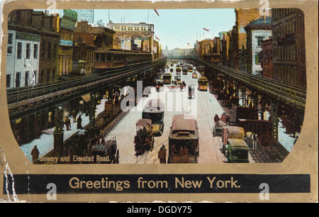 Vintage postcard of the IRT Third Avenue Line crossing the Bowery in NYC in 1906 Stock Photo