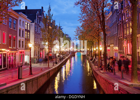 Amsterdam Red Light District area in the city centre at dusk, North Holland, the Netherlands. Stock Photo