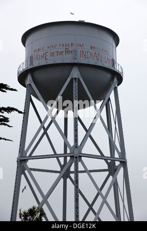 Graffiti on the Alcatraz Water Tower from the 1969-71 Native American occupation of Alcatraz Island, San Francisco Bay. Stock Photo