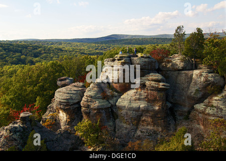 Garden of the Gods Recreation Area, southern Illinois. Hikers on top of cliffs. Stock Photo