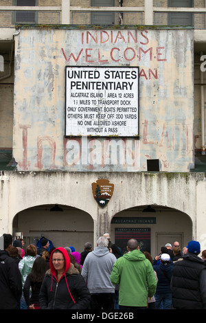 Graffiti on a sign from the 1969-71 Native American occupation of Alcatraz Island, San Francisco Bay, California, USA Stock Photo