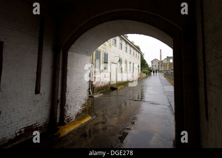 Guardhouse & Sally Port Entrance, Electric Shop (Left) & Power House, Alcatraz Island, San Francisco Bay, California, USA Stock Photo