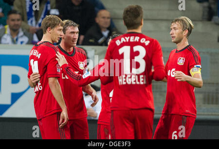 Sinsheim, Germany. 18th Oct, 2013. Hoffenheim's Kai Herdling (R) and  Leverkusen's Sebastian Boenisch debate after the Bundesliga soccer match  between 1899 Hoffenheim and Bayer Leverkusen at Rhein-Neckar-Arena in  Sinsheim, Germany, 18 October