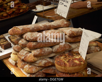 Bread display, Borough Market, London, England Stock Photo
