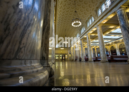 Detail of interior waiting area of an old train station (shallow depth of field) Stock Photo