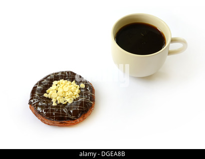 chocolate donut with cup of coffee isolated on white background Stock Photo