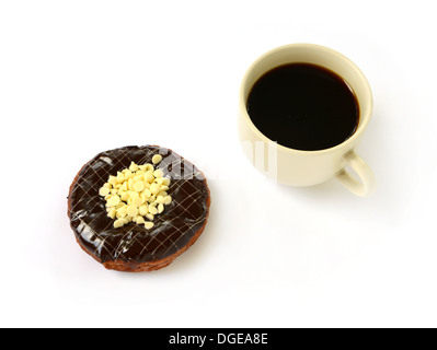 chocolate donut with cup of coffee isolated on white background Stock Photo