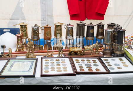 A display of mining memorabilia including miners safety lamps, Washington Heritage and Community Festival north east England, UK Stock Photo