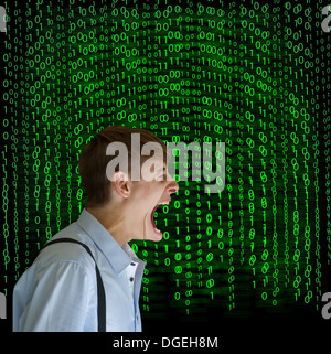 Businessman or teacher with binary on blackboard background Stock Photo