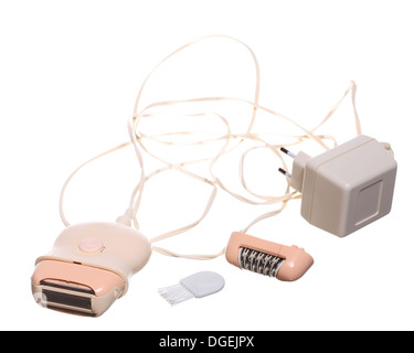 Ladies electric hair remover shaver depilator on white. Beauty and skin body care concept Stock Photo