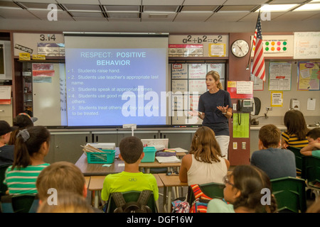 A Mission Viejo, CA, middle school teacher lectures her class on respect and positive behavior on Pride Day. Stock Photo