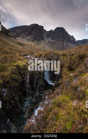 Waterfalls on the Allt na Dunaiche, with Bla Bheinn and Clach Glas in the background, Isle of Skye Stock Photo