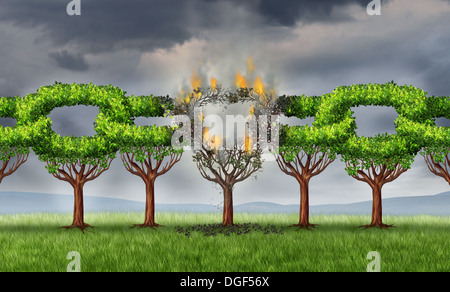 Chain breaking business concept with a group of linked trees shaped as connected links that are being broken and detached with a burning fire as a metaphor for ruptured network problems on a storm sky. Stock Photo