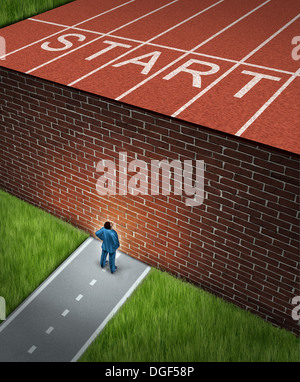 New job challenges concept with a business and financial obstacles metaphor as a businessman standing in front of a large brick Stock Photo