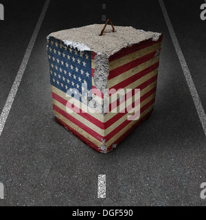 United States government shutdown roadblock obstacle and barrier business concept with a huge cement or concrete cube with an old American flag blocking a road or highway as a symbol of political gridlock resulting in financial system shutdown.