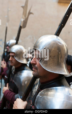 Procession in historical costumes, knights in armour with helmets, Palio di Siena, historic center, Siena, Tuscany, Italy Stock Photo