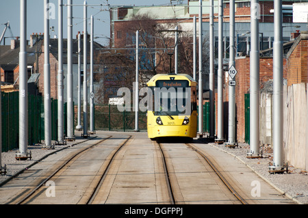 Metrolink tram on the East Manchester Line, off street section, Clayton, Manchester, England, UK Stock Photo