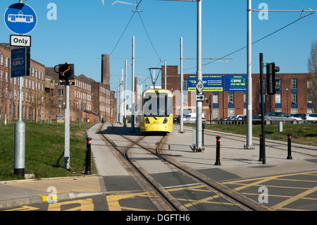 A Metrolink tram on the turnback sidings near Piccadilly Station, Manchester, England, UK Stock Photo