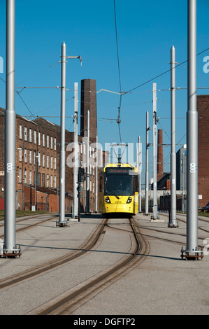 A Metrolink tram on the turnback sidings near Piccadilly Station, Manchester, England, UK Stock Photo